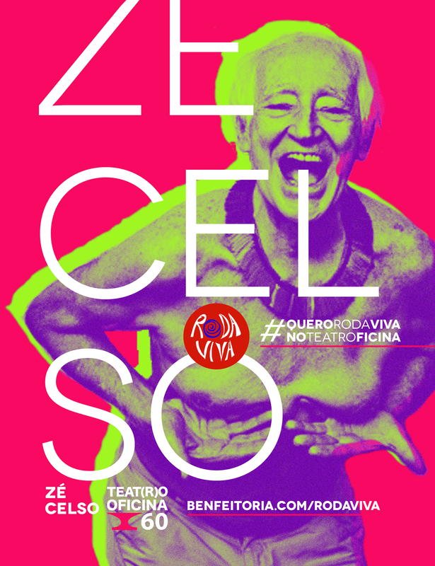 Cartaz da campanha de financiamento coletivo do Teatro Oficina para remontar Roda Viva com uma imagem do Zé Celso provocativo segurando os peitos.