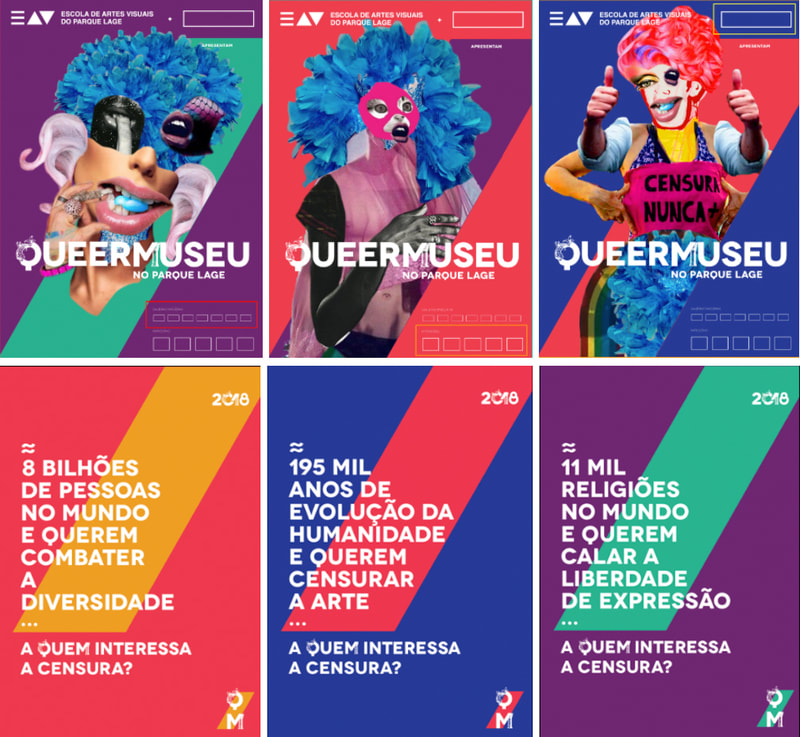 Cartazes da campanha do financiamento coletivo para reabrir a exposição do QueerMuseu, coloridos e provocativos com a frases como A quem interessa a censura?